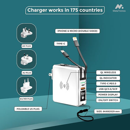 5-in-1 Travel Power Bank with Wall Plug — 10000mAh MagSafe Wireless Portable Charger with Built-in USB-C & Lightning Cables + Universal International Travel Adapter (US/Asia/Europe/Asia) | 5-in-1 Charger with USB-C, Global Travel Adapter, Built-In Char...