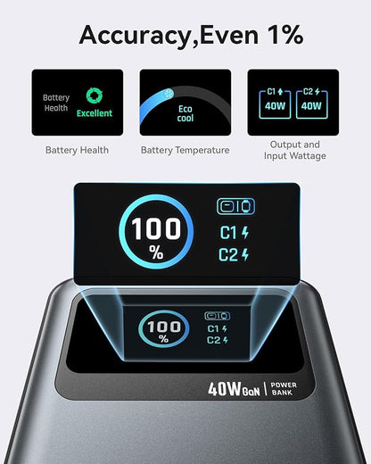 MOKiN 10000mAh 40W 3-in-1 Portable Phone Charger with Foldable Plug, Built-in USB-C Cable & LCD Display, All-in-One Power Bank for Travel Daily Use Compatible with iPhone 17/16/15 Series, Samsung