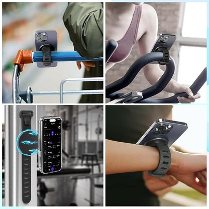 Stroller Phone Holder for Magsafe iPhone 17 16 15 14 13 12 Steering Wheel Phone Mount for Peloton, GYM, Treadmill, Wrist, Shopping Carts, Bikes, Bar Magnetic Mount Adapter Accessories for All Phones