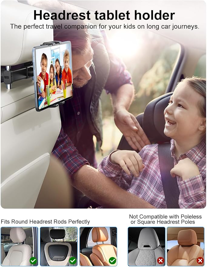 PLDHPRO Car Headrest Tablet Holder, Tablet Mount for Car Backseat for Kids, Road Trip Essentials Compatible with iPhone, iPad, Galaxy Tab, 5.1''-15.6'' Devices, Travel Head Rest Must Accessories