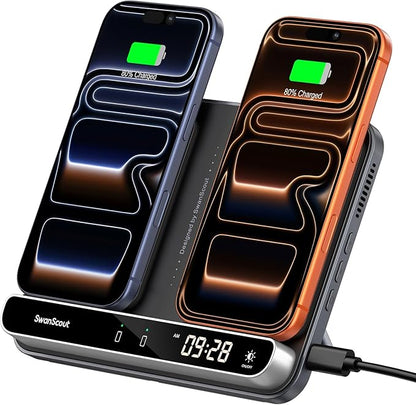 Dual Wireless Charger Stand, SwanScout 504, Foldable Wireless Charging Station Pad for iPhone Air/17/16/15/ Series, Samsung Galaxy S25/S24/S23, Android Phones, AirPods/Galaxy Buds (Black & Tech Grey)