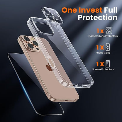 3 in 1 for iPhone 16 Pro Case Clear,[Yellowing-Resistant Acrylic Back] Screen Protector *1 & Camera Lens Protector*1, Shockproof for iPhone 16 Pro Phone Case 6.3 inch Clear