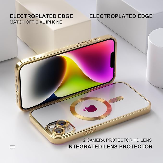 Misea Magnetic for iPhone 14 Case Compatible with MagSafe [Never Yellowing] [Military Grade Drop Protection] Full Camera Lens Protector Plating Soft Clear Phone Case for Women Girls, Gold