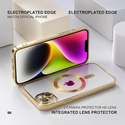 Misea Magnetic for iPhone 14 Case Compatible with MagSafe [Never Yellowing] [Military Grade Drop Protection] Full Camera Lens Protector Plating Soft Clear Phone Case for Women Girls, Gold