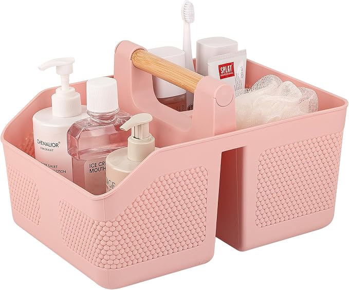 rejomiik Shower Caddy Portable with Bamboo Handle, Plastic Basket Cleaning Caddy Organizer Storage Tote for Bathroom, College, Dorm Room Essentials, Pink