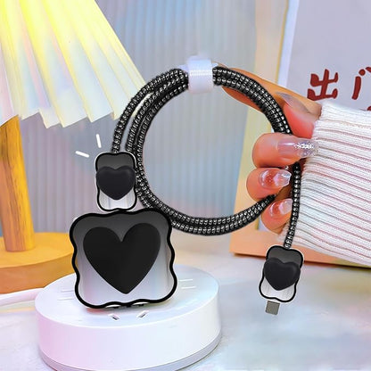CameCosy DIY Phone Charger Case Storage Sets Cable Protector USB-C Earphone Wire Saver with Hot Pink Love Travel Storage Bag, Cute Cable Charger Protector Cord Organizer for iPhone (Black Love Heart)