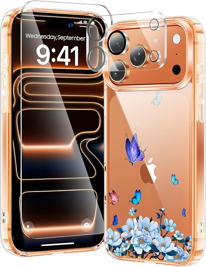 3 in 1 for iPhone 17 Pro Case Clear Printed Design | Yellowing-Resistant Acrylic Back, Screen Protector *1 & Camera Lens Protector*1, Military-Grade Protection