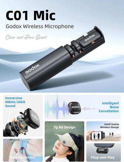 GODOX C01 Kit2 Wireless Lavalier Microphone for iPhone 15/16/17 & Android, USB C, Intelligent Noise Reduction, 48kHz/24bit Audio & 200m Range for Vlogging, YouTube (2 TX + 1 USB-C RX + Charging Case)
