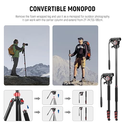 NEEWER 72" Fluid Head Video Tripod Monopod, Aluminum Alloy QR Plate Compatible with DJI RS Gimbal, 360° Pan & +90°/-70° Tilt for DSLR Camera Camcorder, Max Load 13.2lb/6kg, TP72A