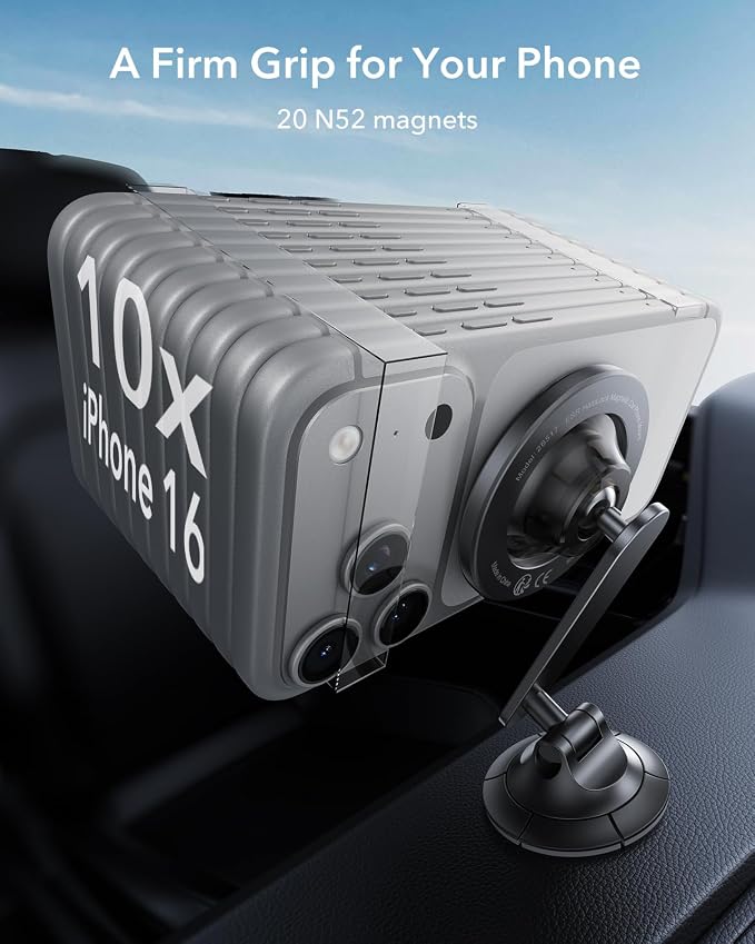 ESR for MagSafe Car Mount, Upgraded Dashboard Magnetic Phone Holder for Car, 360° Rotation, Car Phone Holder Mount for iPhone 17/16/16e/15/14/13/12, S25, Pixel 10, Strong Magnets(with 2 Metal Rings)