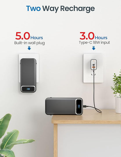 12000mAh Lightweight-Portable-Charger-Power-Bank with Built-in Cables and AC Wall Plug, PD20W USB-C Fast Charging Battery Pack, LED Display External Travel Phone Charger for All iPhone,Samsung,Android