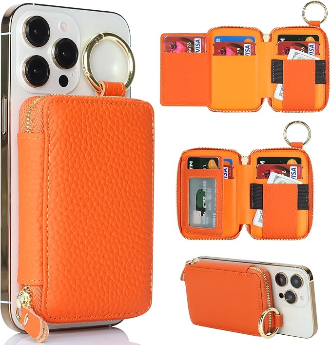 Cavor Compatible with MagSafe Wallet Genuine Leather Cash Wallets for Women, Magnetic Phone Wallet for iPhone 17 Pro Max/16/15/14/13/12, id Credit Card Holder with Mag safe Keychain-Orange