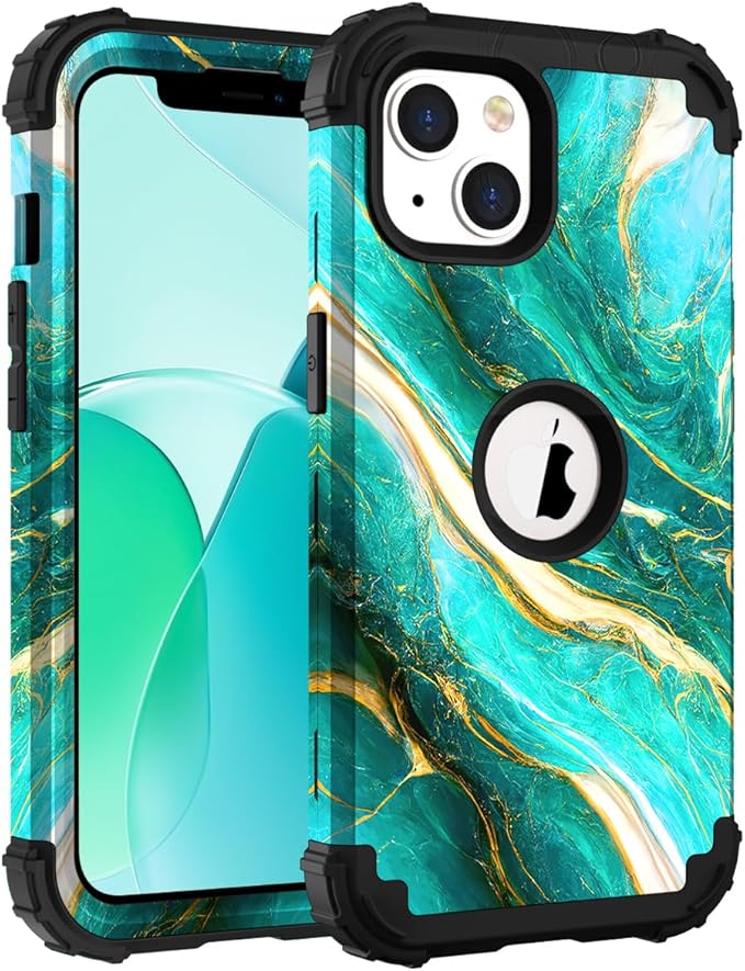 Hocase for iPhone 14 Case/iPhone 13 Case, Heavy Duty Shockproof Protection Soft Silicone Rubber+Hard Plastic Bumpers Hybrid Protective Case for iPhone 13/14 (6.1") - Emerald Green