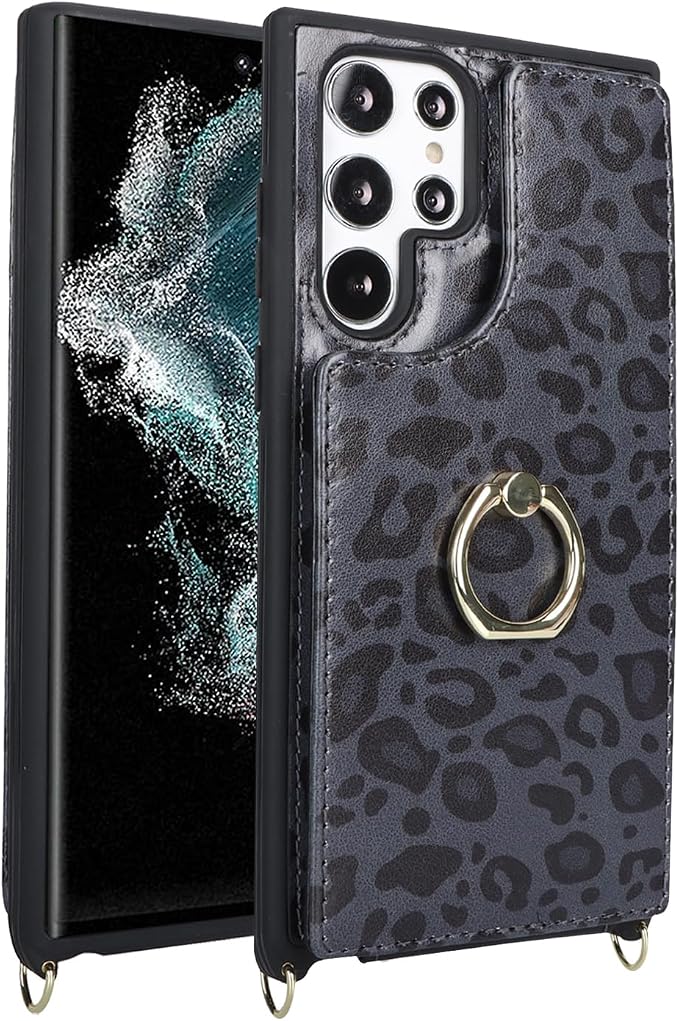 Lipvina for Samsung Galaxy S22 Ultra Case with Card Holder and Strap for Women,Crossbody Lanyard,RFID Blocking,Ring Stand,Snap Clasp,Cute Phone Wallet Cases 6.8 inch(Black Leopard)
