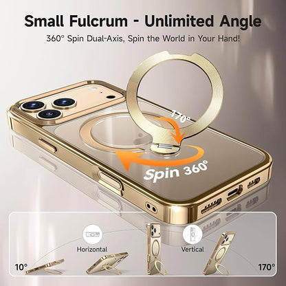 [Tri-Shield Protection] for iPhone 17 Pro Max Case with 360° Spin Stand Compatible with MagSafe [Magnetic CD Ring][Screen & Camera Lens Protector] Shockproof Plating Never-Yellowing, Gold-6.9"