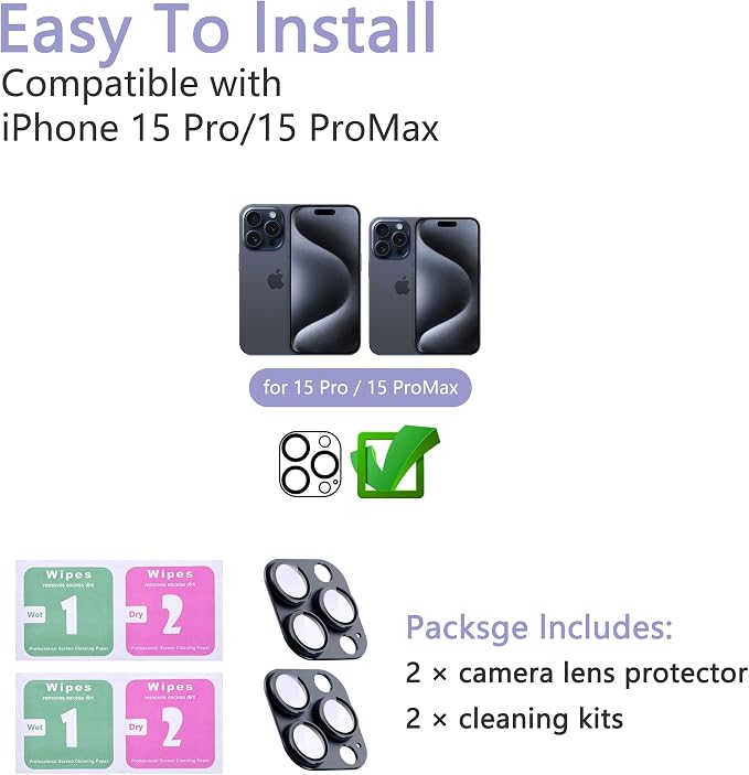 2 Pack Camera Lens Protector for iPhone 15 Pro/15 Pro Max,[Not Easy to Breakn ] AR Tempered Glass Strong Adsorption Metal Camera Cover Screen-Inky blue