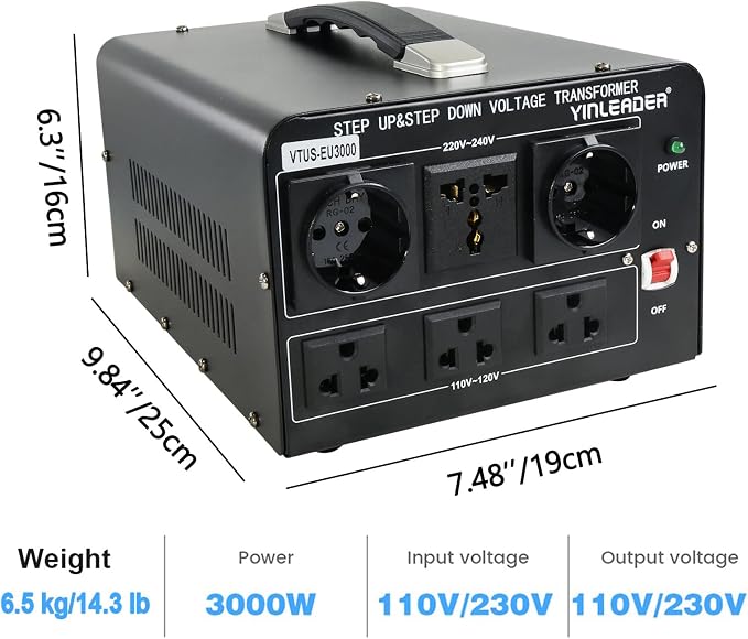 Yinleader 3000W Voltage Converter Transformer(110V to 220V,220V to 110V) | Step Up/Down Converter 110/120 Volt - 220/240 Volt w/US Standard Power Cord,Circuit Breaker Protection (VTUS-EU3000)