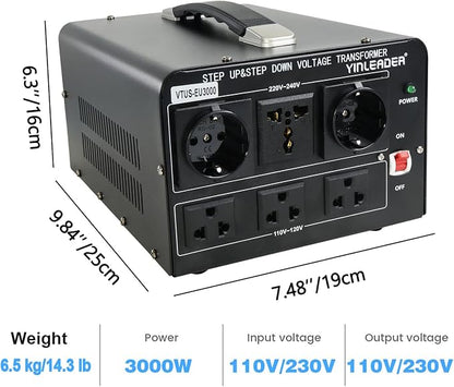 Yinleader 3000W Voltage Converter Transformer(110V to 220V,220V to 110V) | Step Up/Down Converter 110/120 Volt - 220/240 Volt w/US Standard Power Cord,Circuit Breaker Protection (VTUS-EU3000)