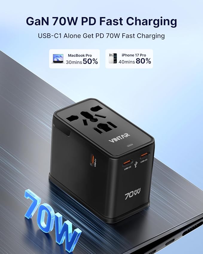 VINTAR 70W GaN Universal Travel Adapter, 5 in 1 with 3 USB-C PD& 1 USB-A QC | International Power Adapter, GaN Fast Charging with Compact Design, All-in-One Travel Essentials for UK/EU/US/AUS, Black