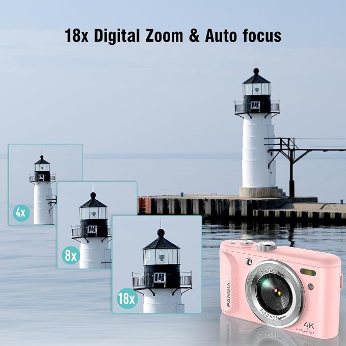 Digital Camera, 4K Vlogging Camera with 64MP, Point and Shoot Digital Cameras with 18X Zoom, Anti-Shake, Mode Dial, 32GB SD Card, Card Reader, Charger, Compact Small Cameras, Blush Pink