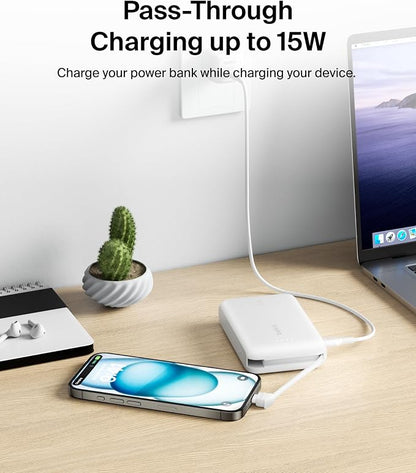 Belkin Portable Charger Power Bank USB C, 10000 mAh w/Integrated Cable, 20W Fast Charge USB-C Power Delivery, iPhone Charger, Apple iPhone 17, Air, Pro, Pro Max, iPad, Samsung Galaxy S25 - White