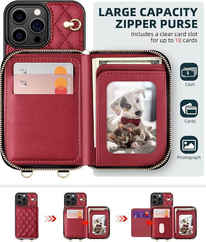 OCASE Compatible with iPhone 16 Pro Max Crossbody Wallet Case with Card Holder, PU Leather Zipper Handbag Phone Purse with RFID Blocking Kickstand Wrist Strap Lanyard 6.9 Inch, Diamond Check Red