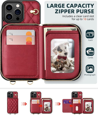 OCASE Compatible with iPhone 16 Pro Max Crossbody Wallet Case with Card Holder, PU Leather Zipper Handbag Phone Purse with RFID Blocking Kickstand Wrist Strap Lanyard 6.9 Inch, Diamond Check Red