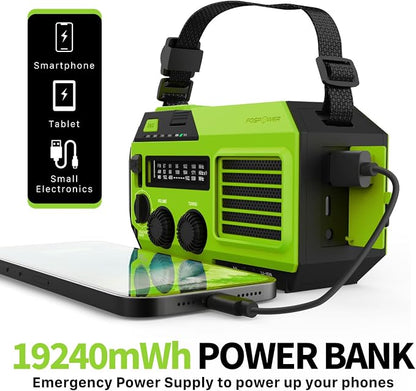 FosPower NOAA Emergency Weather Radio A6 19240mWh Portable Power Bank, AM/FM, USB/Solar/Hand Crank Charging, Battery Operated, SOS Alarm & Flashlight for Indoor/Outdoor Emergency - Green