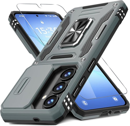 DEERLAMN Case for Samsung Galaxy A37 5G with Slide Camera Cover+Screen Protector (1 Pack), Rotated Ring Kickstand Military Grade Shockproof Protective Cover-Grey