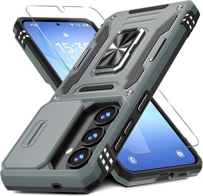 DEERLAMN Case for Samsung Galaxy S26 6.3-Inch with Slide Camera Cover+Screen Protector(1 Pack), Rotated Ring Kickstand Military Grade Shockproof Protective Cover-Grey
