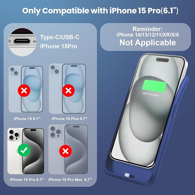 Feob Battery Case for iPhone 15 Pro, [2026 Upgraded] 7500mAh Slim Portable Smart Charging Case Rechargeable Protective Extended Charging Cover for iPhone 15 Pro-Blue