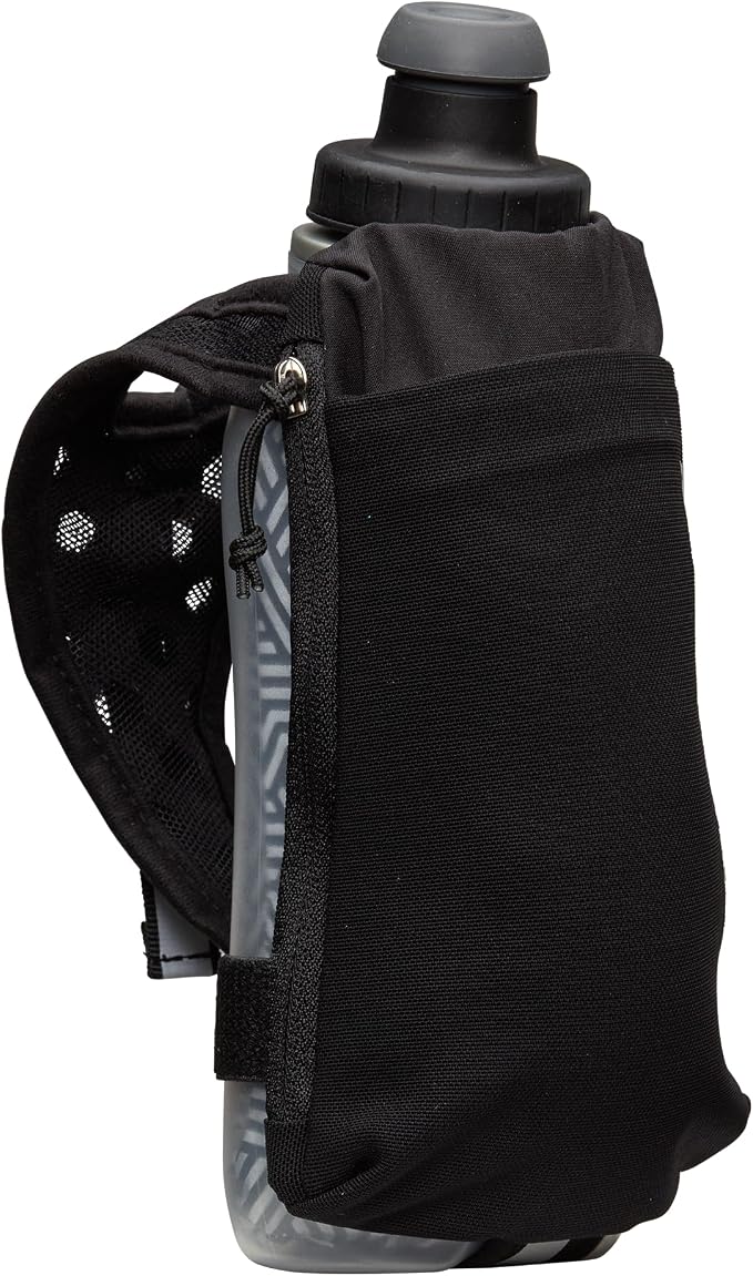 Nathan SpeedDraw 2 Insulated Handheld Running Water Bottle Flask – Double-Wall Insulation, Ergonomic Grip, Blast Valve Cap, Phone & Key Storage Pockets, Reflective Design - 12oz Insulated - Black