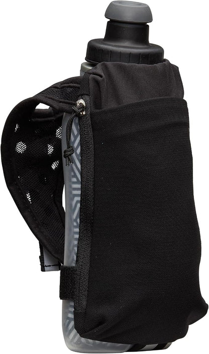 Nathan SpeedDraw 2 Insulated Handheld Running Water Bottle Flask – Double-Wall Insulation, Ergonomic Grip, Blast Valve Cap, Phone & Key Storage Pockets, Reflective Design - 12oz Insulated - Black