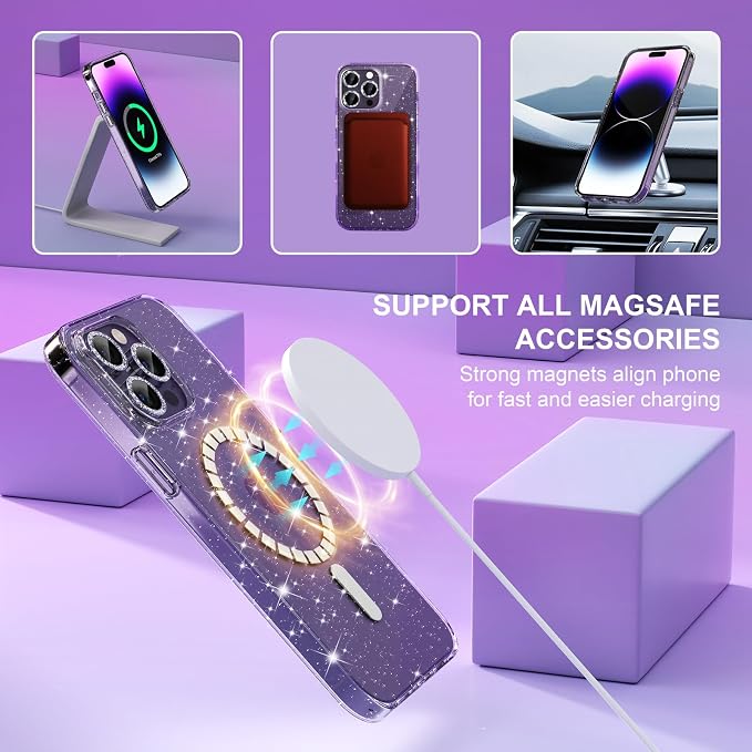 Choiche Magnetic Case for iPhone 14 Pro Case, Women Clear Glitter Bling Sparkly Case, [3xDiamond Camera Lens Protectors] [2xTempered Glass Screen Protectors] [Compatible MagSafe] (Glitter Clear)
