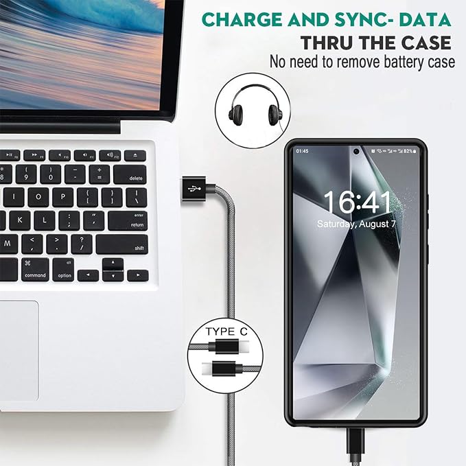 Battery Case for Galaxy S24 Ultra, Powerful 12000mAh Extended Portable Protective Charging Cover Backup Compatible with Galaxy S24 Ultra Wireless Charger Case with 1x Screen Protector & 1x Cable-Black