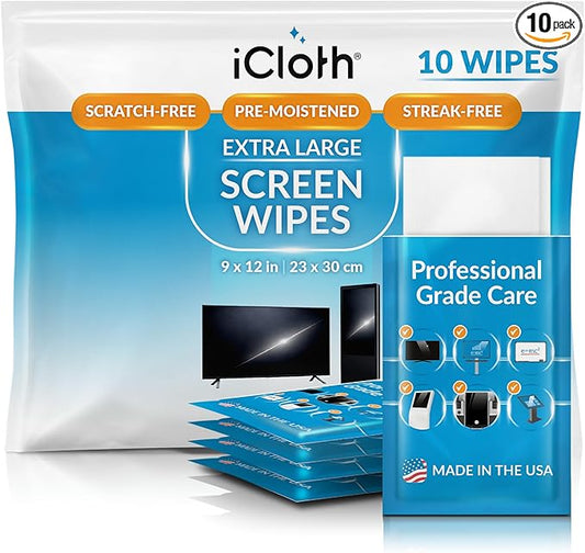 iCloth XL Screen Cleaning Wipes, Lint-Free and Streak-Free, Fast-Drying, Removes Dust, Fingerprints, and Smudges (10 XL Wipes)