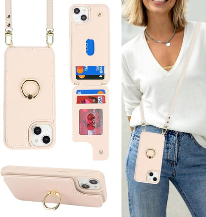 Lipvina for iPhone 14 Case with Card Holder for Women,iPhone 14 Phone Case with Strap,Crossbody Lanyard,RFID Blocking,Ring Stand,Snap Clasp,Cute Wallet Cases 6.1 inch (Beige)