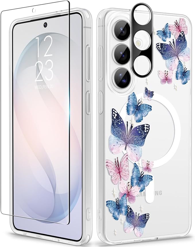 GVIEWIN for Samsung Galaxy S26 Plus Case Compatible with MagSafe, Clear Floral Shockproof Protective Women Phone Case, Non-Yellowing, Screen&Camera Lens Protector for S26 Plus 6.7",Colorful Butterfly