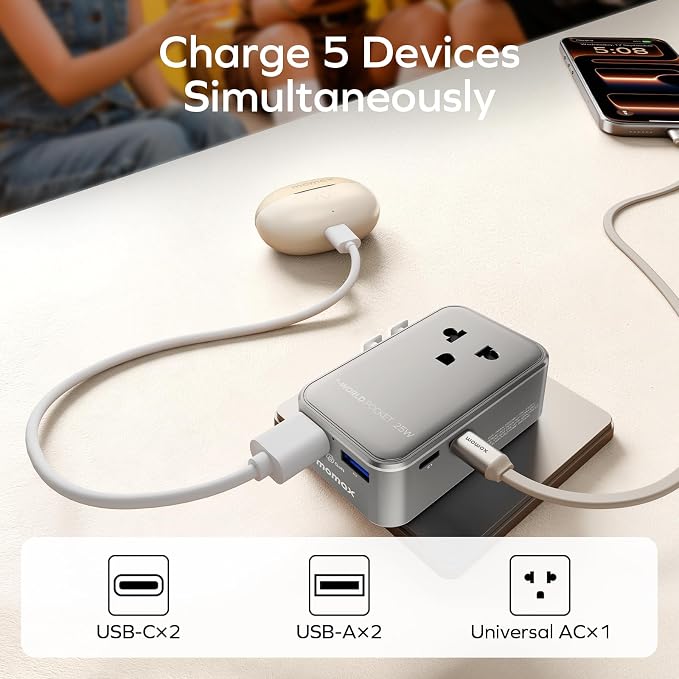 MOMAX 1-World Pocket Universal Travel Adapter – Ultra-Thin, Stylish & Mini GaN Charger, 25W Fast Charging, 5 Ports: 2 USB-C + 2 USB-A + AC, Foldable Plug, Worldwide Voltage, Misty Gray (1-Pack)