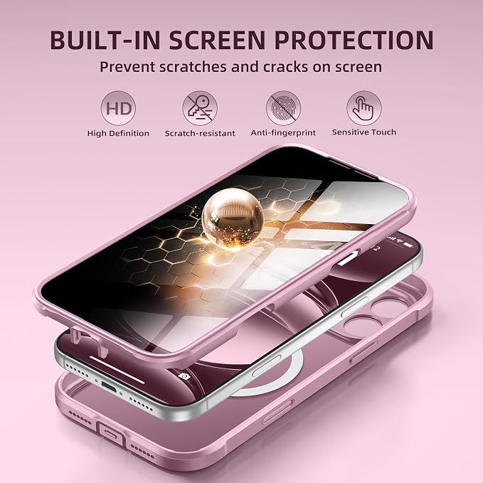 BERFY for iPhone 17 Pro Case, Compatible with MagSafe, Built-in Privacy Screen Protector, Camera Protection, Shockproof Full Body Phone Case 6.3", Translucent Palevioletred