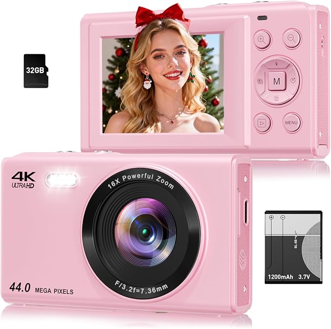 Digital Camera, 4K 44MP Autofocus Point and Shoot Camera with 16X Zoom 2.4" LCD Portable Compact Camera for Kids Teens Boys Girls Adults (Pink)