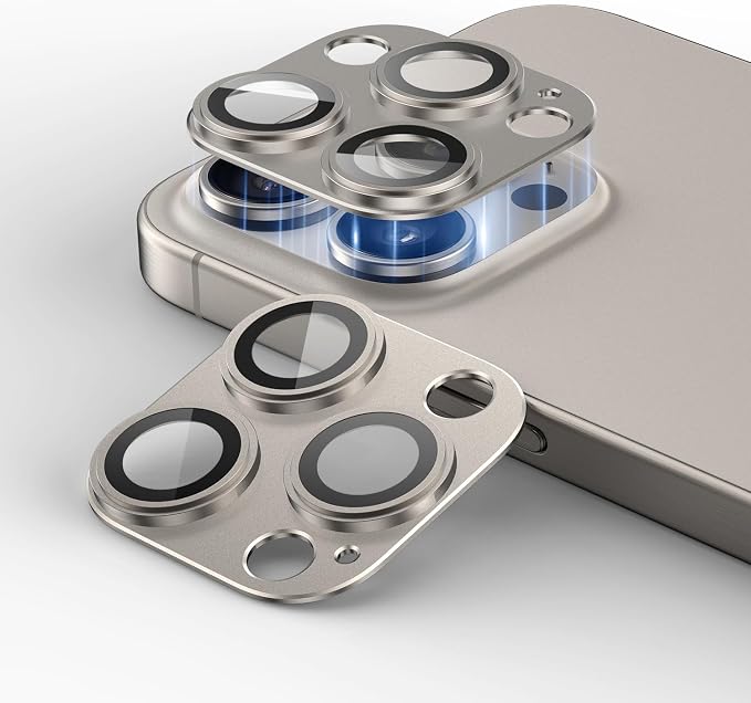 for iPhone 14/15/16 Pro & Pro Max Camera Lens Protector, Tempered Glass with Metal Alloy Frame,for protector de cámara iphone 16 pro max, iphone 16 pro camera protector, Titanium Natural