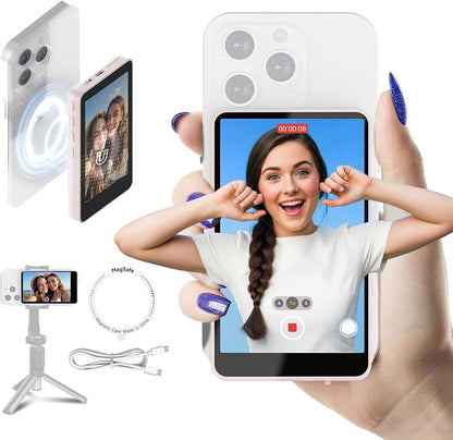 Synco XView Selfie Monitor Screen for iPhone 7-16 Series, Secure Private Wireless P2P, 4K/1080p Magnetic Back Camera Vlog Monitor with 164FT Range for YouTube TikTok (Pink)