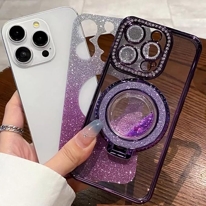 Glitter Kickstand Case for iPhone 17 Pro Max,Cute Bling Sparkly Diamond Rhinestones with Camera Lens Protector Liquid Flowing Ring Stand Soft TPU Women Girls Case for iPhone 17 Pro Max,Orange