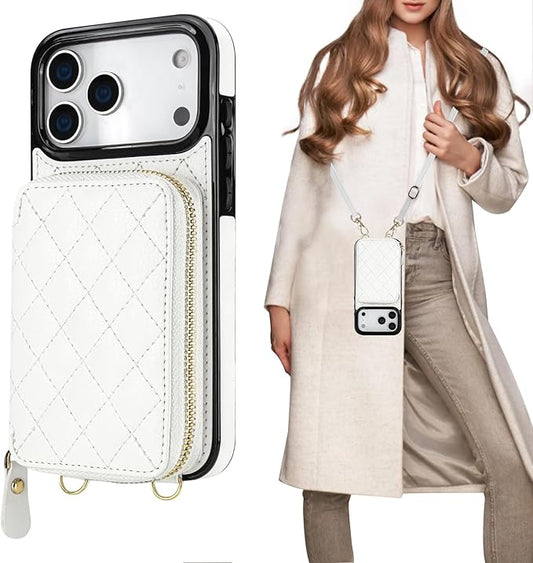 Bocasal Crossbody Wallet Case for iPhone 17 Pro Max, RFID Blocking PU Leather Zipper Handbag Purse Flip Cover, Kickstand Folio Case with Card Slots Holder Wrist Strap Lanyard 5G 6.9 Inch (White)
