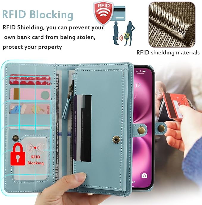 for Wallet Case Compatible with iPhone 16 Plus,Multi-Function Detachable 2 in 1 Magnetic iPhone 16 Plus Case Wallet,Flip Strap Zipper Card Holder Phone Case with Shoulder Straps (Blue)