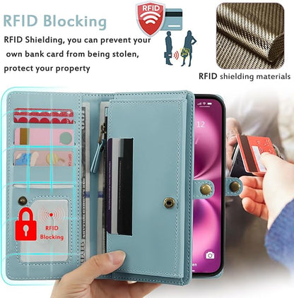 for Wallet Case Compatible with iPhone 16 Plus,Multi-Function Detachable 2 in 1 Magnetic iPhone 16 Plus Case Wallet,Flip Strap Zipper Card Holder Phone Case with Shoulder Straps (Blue)