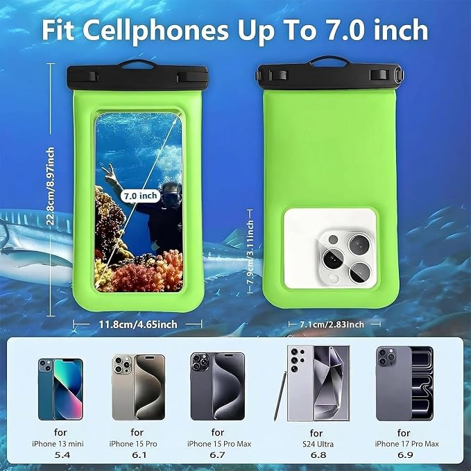 Floatable Soap Bubble Waterproof Phone Pouch Case with Crossbody Lanyard for iPhone 17 series 16 Pro Max/15 Pro/14/13, IP68 Cellphone Dry Bag Beach Cruise Ship Essential,1 Pack-Light Green-7″