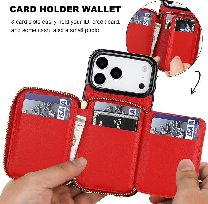 Bocasal Crossbody Wallet Case for iPhone 17 Pro Max, RFID Blocking PU Leather Zipper Handbag Purse Flip Cover, Kickstand Folio Case with Card Slots Holder Wrist Strap Lanyard 5G 6.9 Inch (Red)