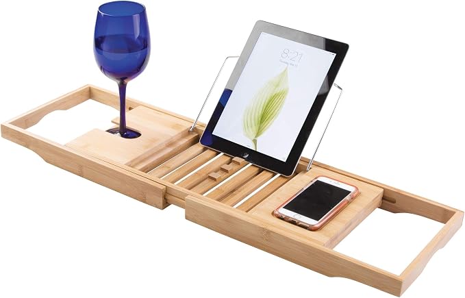 InterDesign Formbu Bathtub Caddy with Reading Tray, Wine, Tablet and Phone Holder - Natural